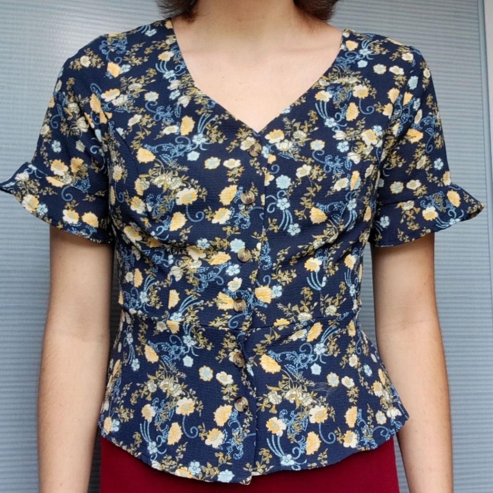 Navy Blue Woman's Floral Button-down Blouse